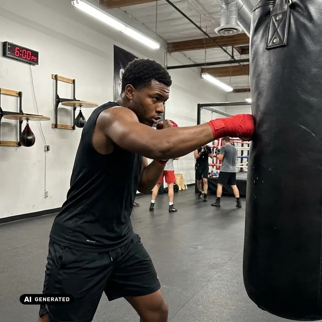Sample AI dating photo — boxing heavy bag — AI-generated