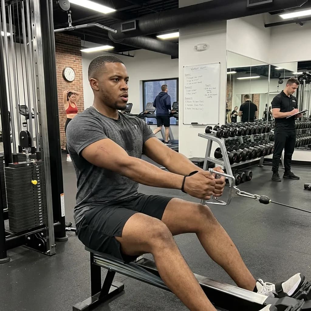 Sample AI dating photo — gym cable row