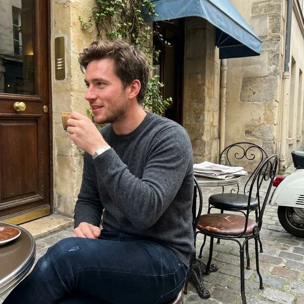 Sample AI dating photo — old-town cafe
