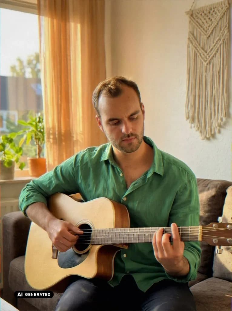 Sample AI dating photo — playing guitar — AI-generated