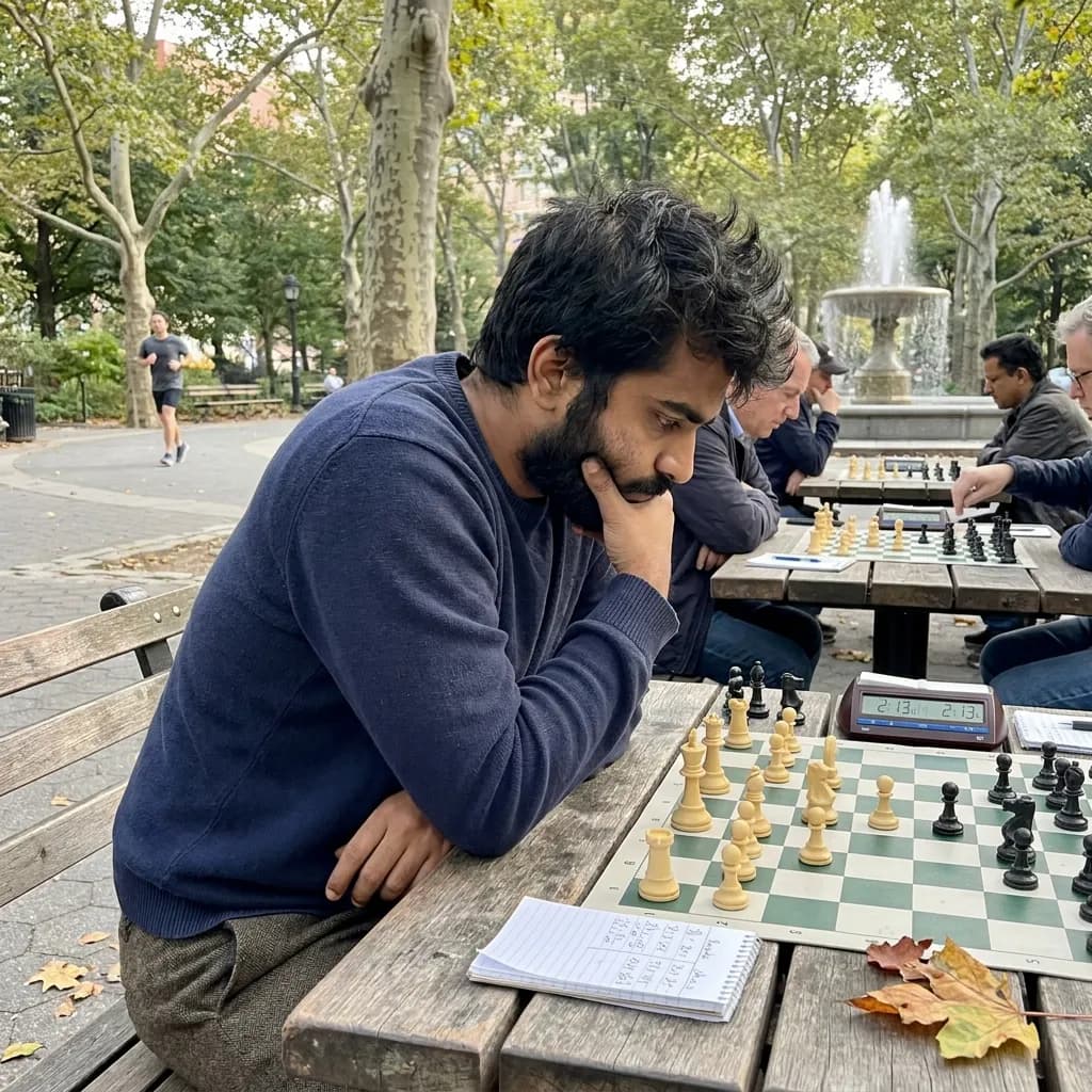 Sample AI dating photo — chess in the park