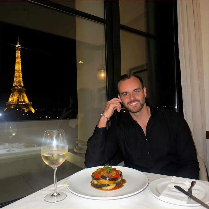 Sample AI dating photo — restaurant dinner