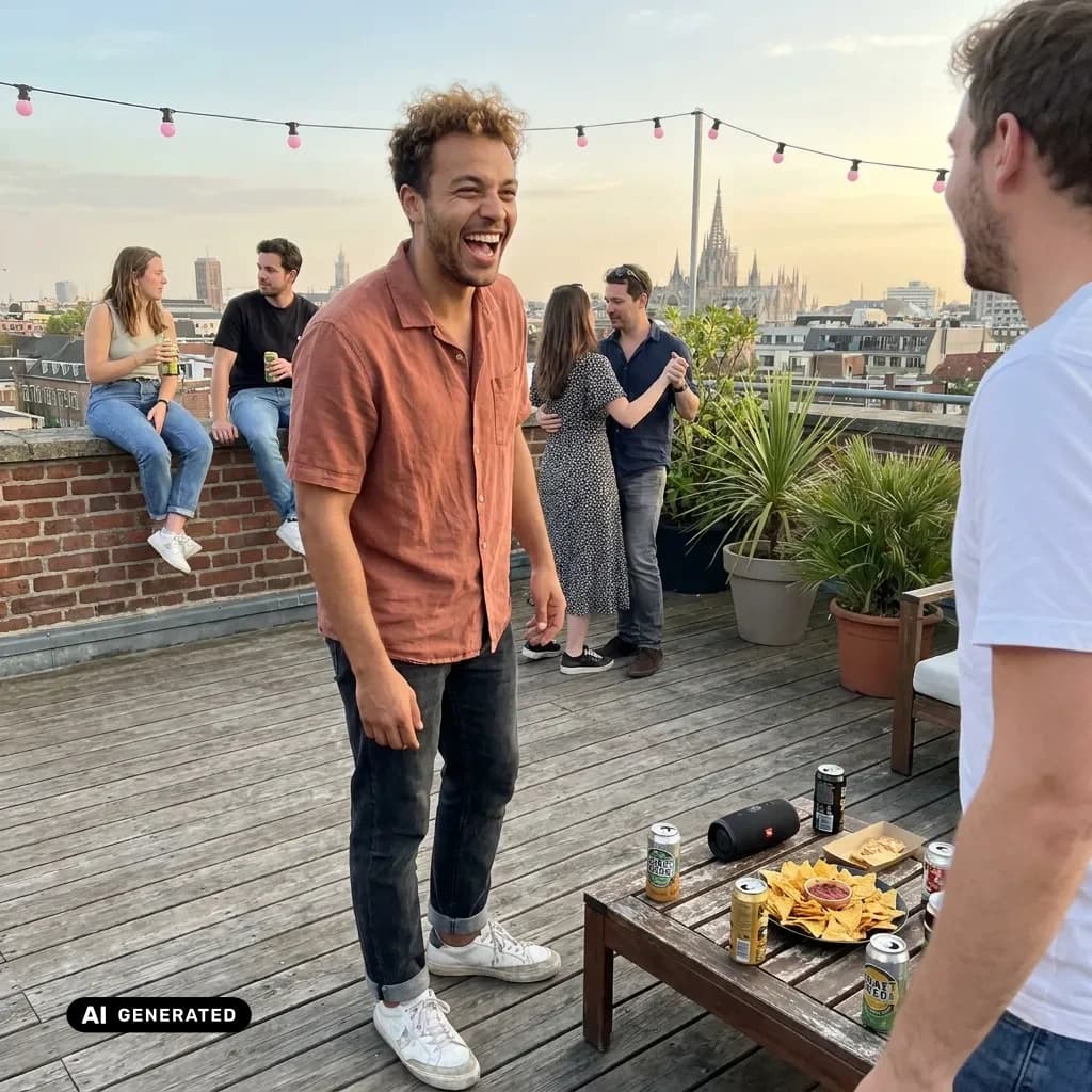 Sample AI dating photo — rooftop with friends — AI-generated