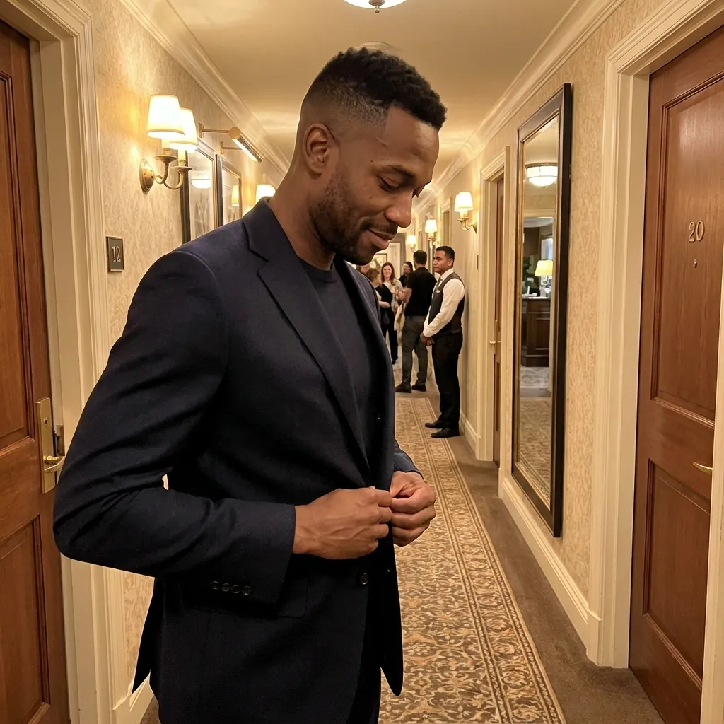 Sample AI dating photo — buttoning the suit jacket