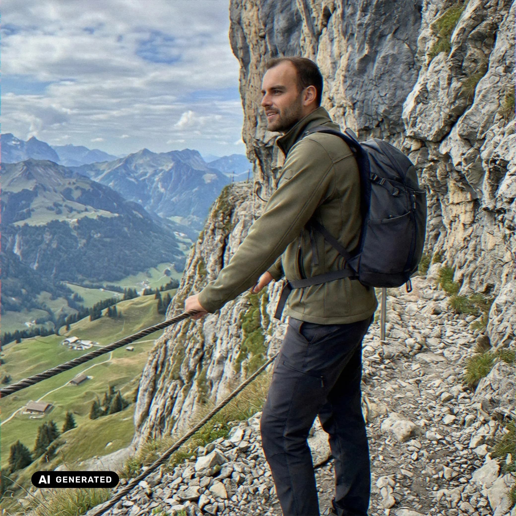 Sample AI dating photo — alpine cliff viewpoint — AI-generated
