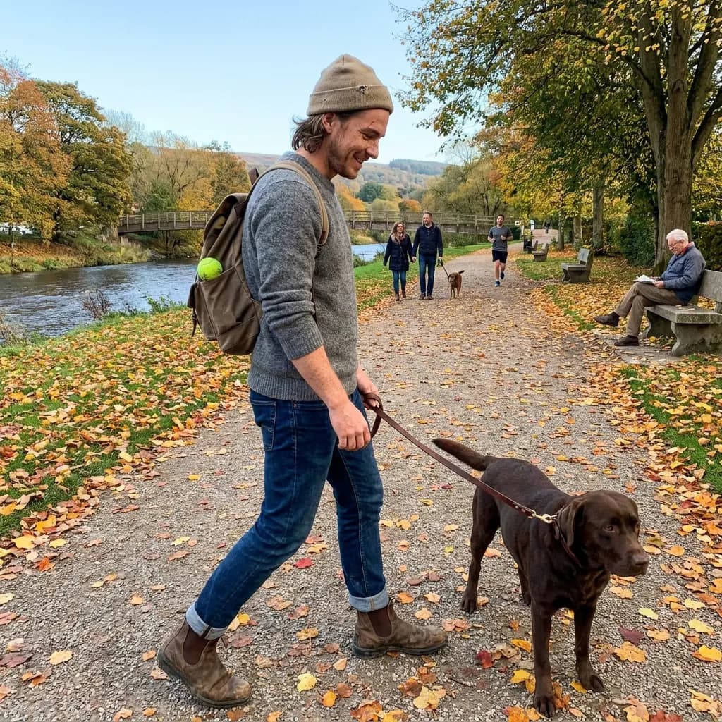 Sample AI dating photo — autumn river walk