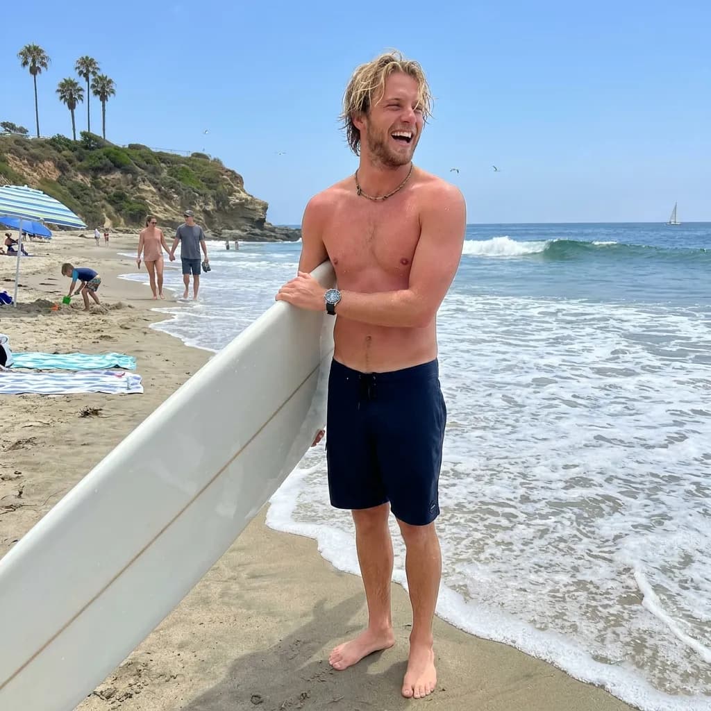 Sample AI dating photo — surfing on the beach