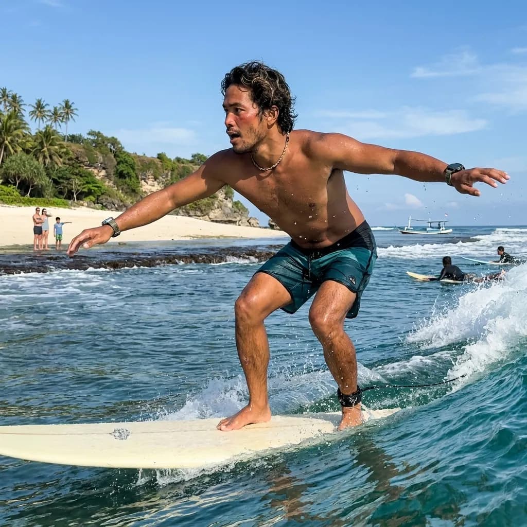 Sample AI dating photo — surfing pop-up