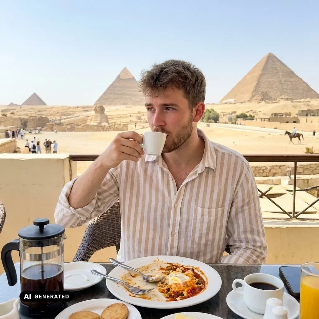 Sample AI dating photo — breakfast by the Pyramids — AI-generated